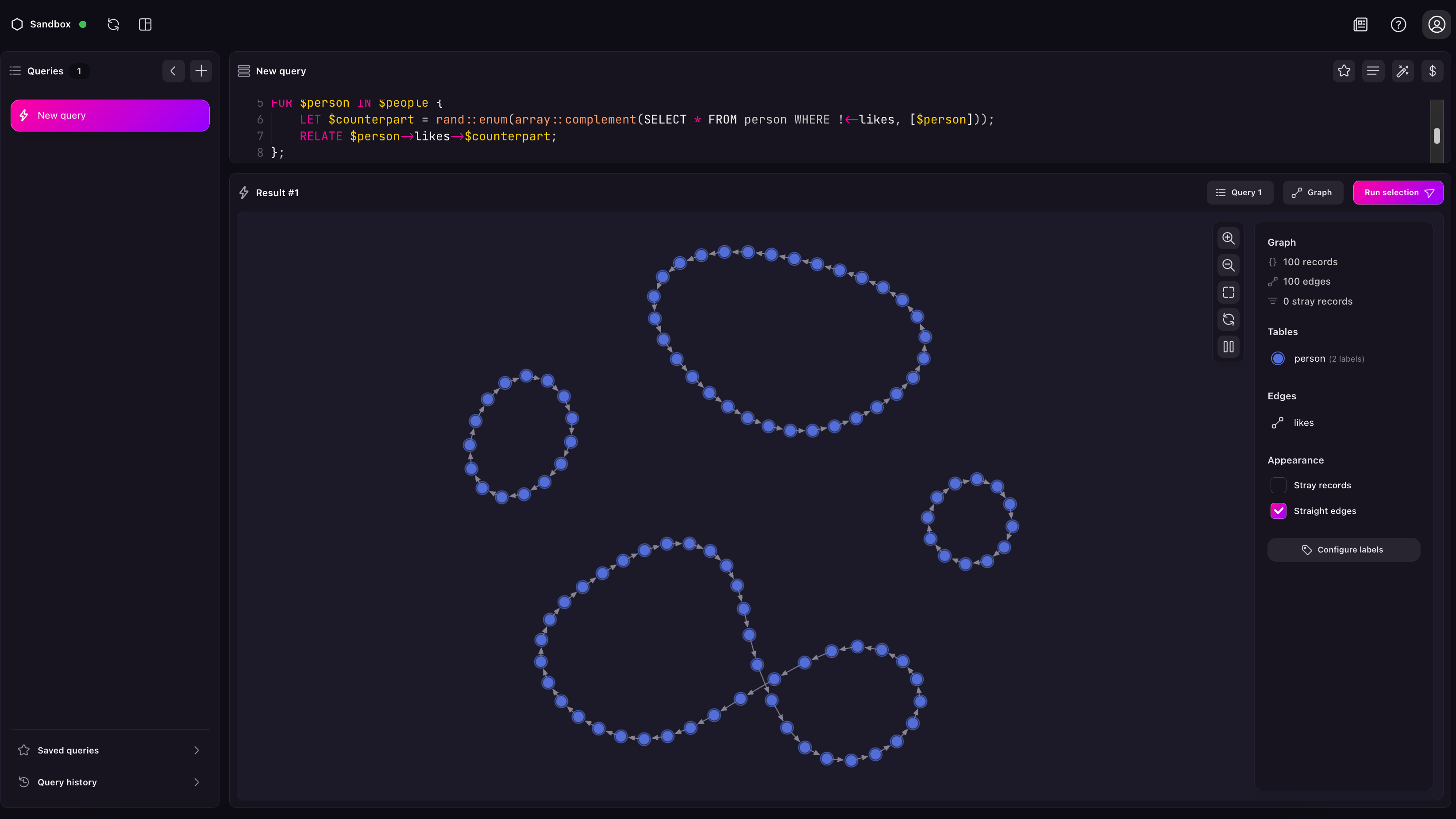 Screenshot of the graph view showing records joined to each other, forming a number of rings