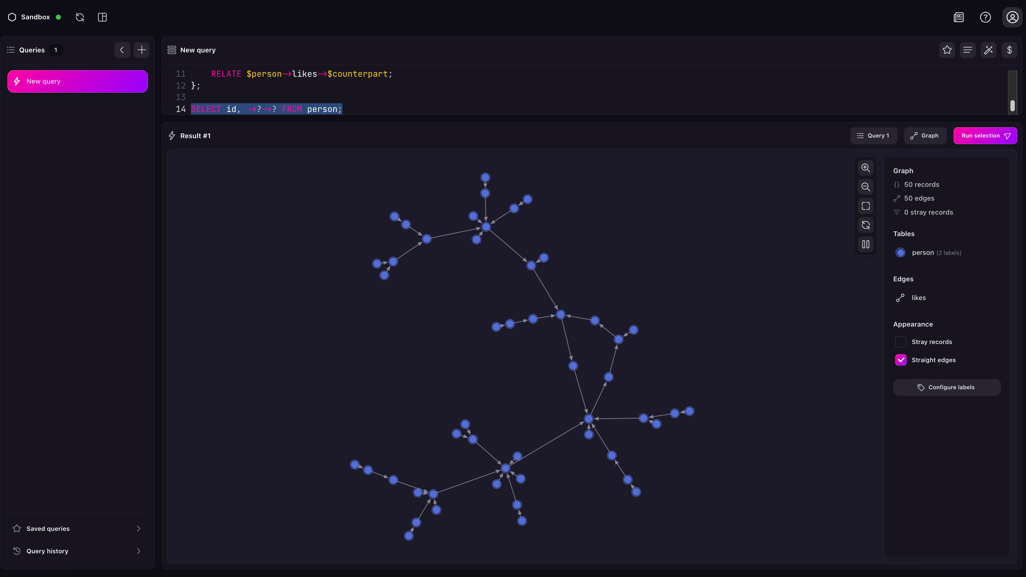 Screenshot of the graph view of a randomly generated record relations, resulting in a snowflake-like pattern