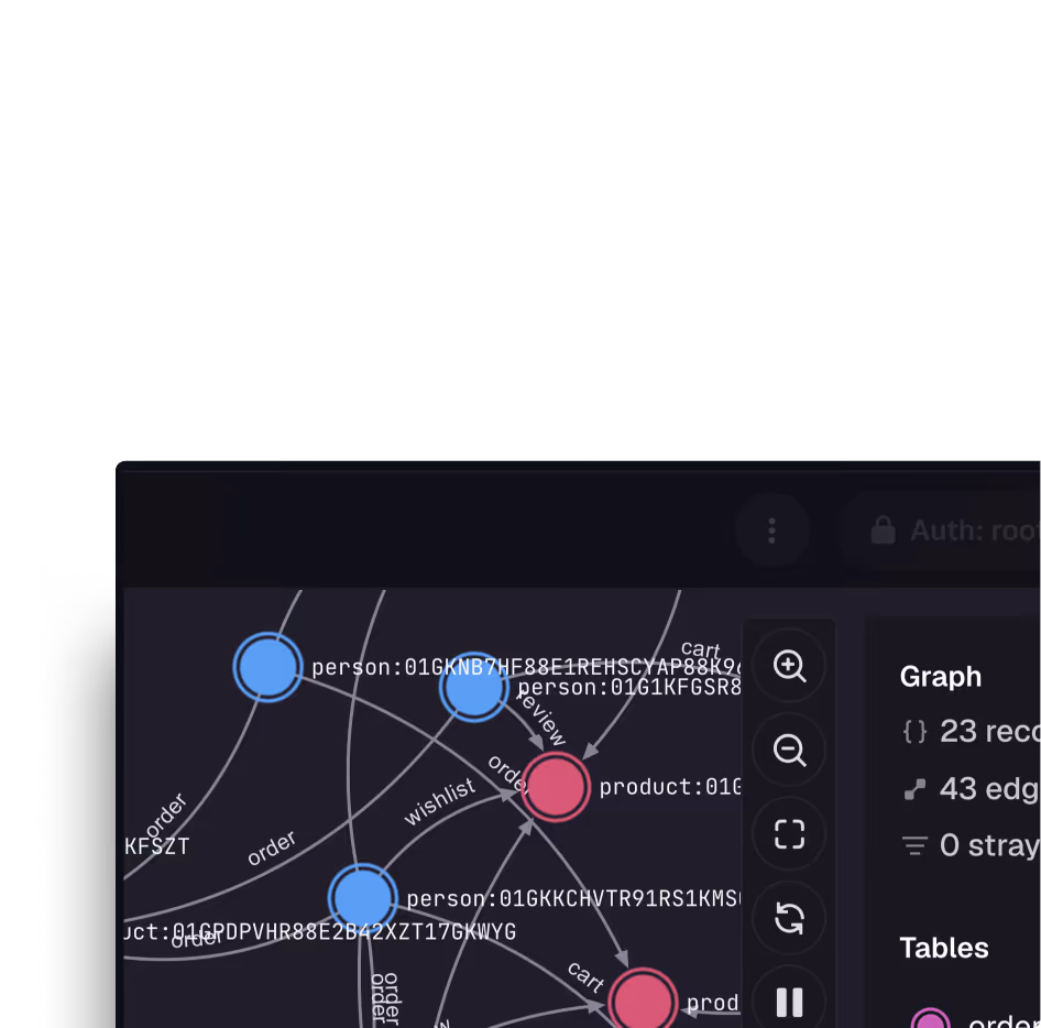 SurrealDB Studio graph explorer showing records as connected nodes