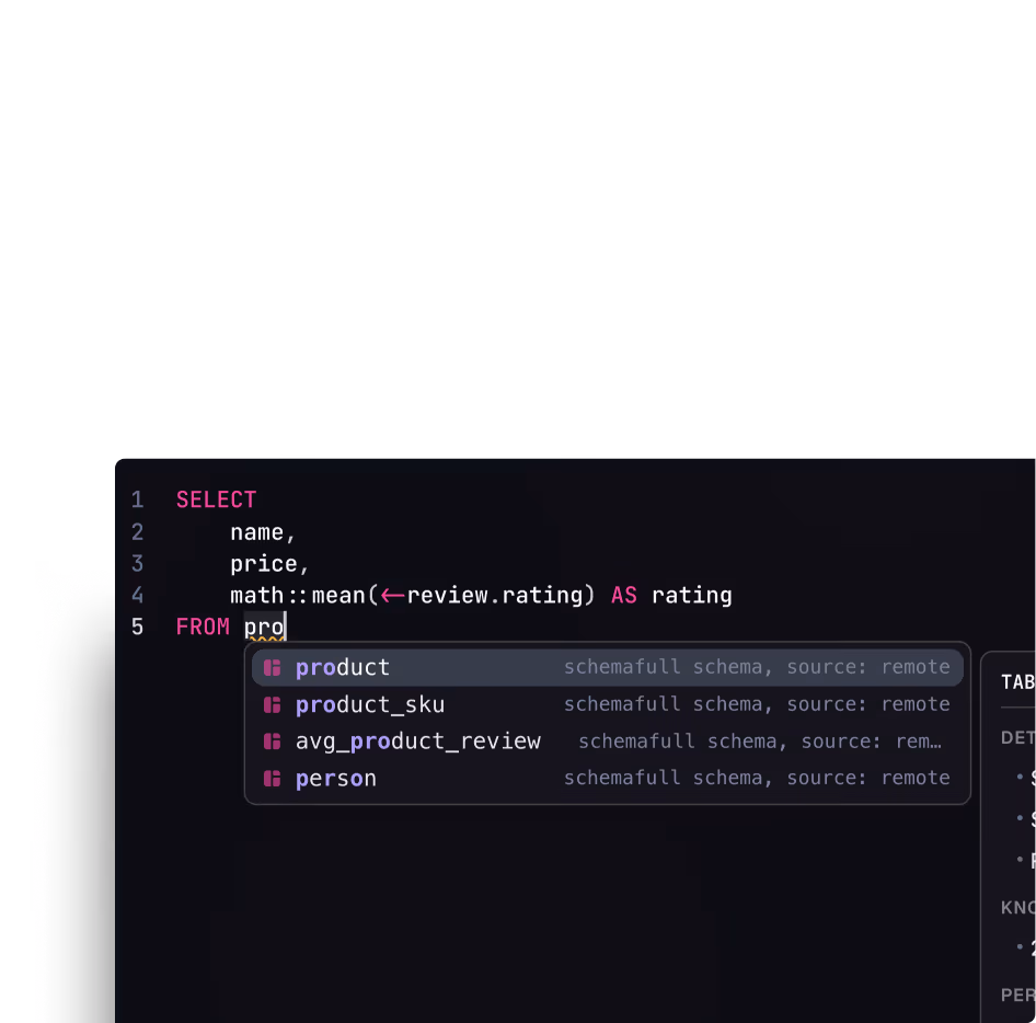 SurrealQL language server showing completions and inline errors in SurrealDB Studio
