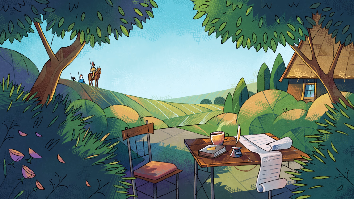 The same rolling landscape as seen in the beginning of the chapter, but zoomed out a bit. A group of riders armed with spears can be seen on the top of the nearest hill, and there is now a tension in the air.