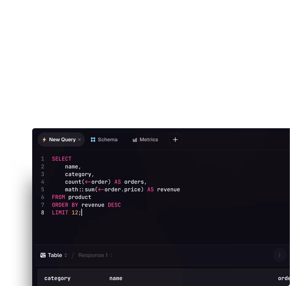 SurrealDB Studio query view with a SurrealQL editor and table results