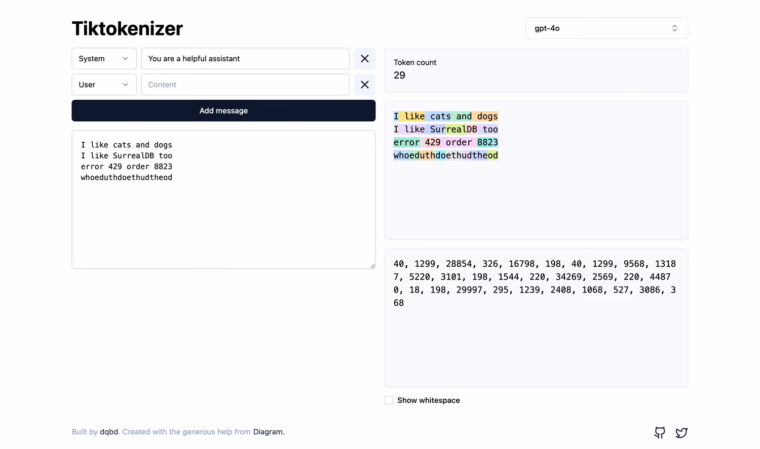 The Tiktokenizer web app tokenising four lines of text, each twenty characters long, with the coloured token blocks growing more numerous down the four lines and a total token count of 29