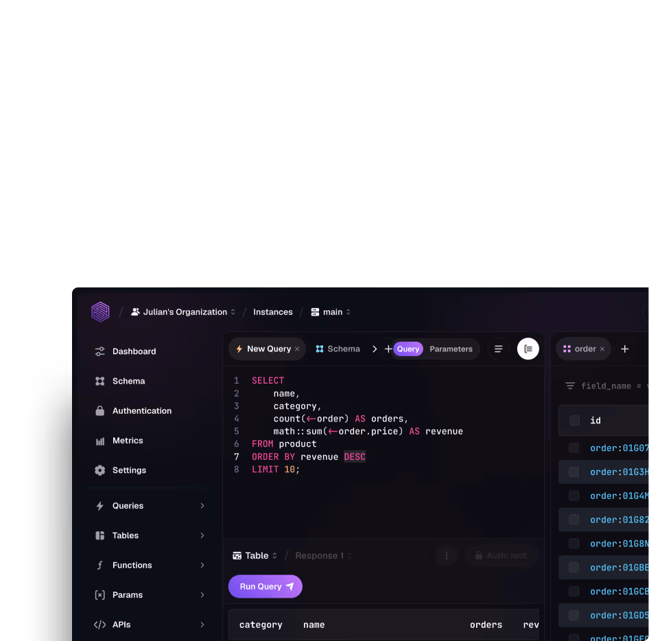SurrealDB Studio workspace with draggable, splittable tabs