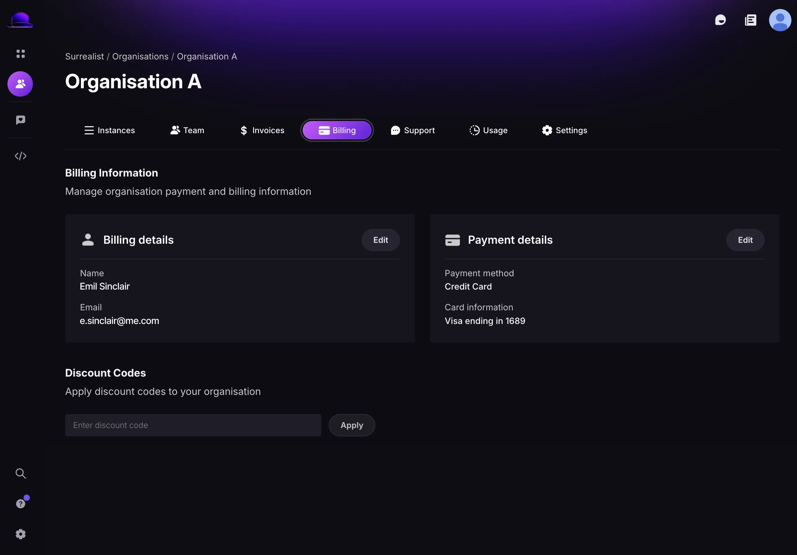 The Billing tab in the Surrealist UI, showing billing details, payment details, and discount codes for an organisation.