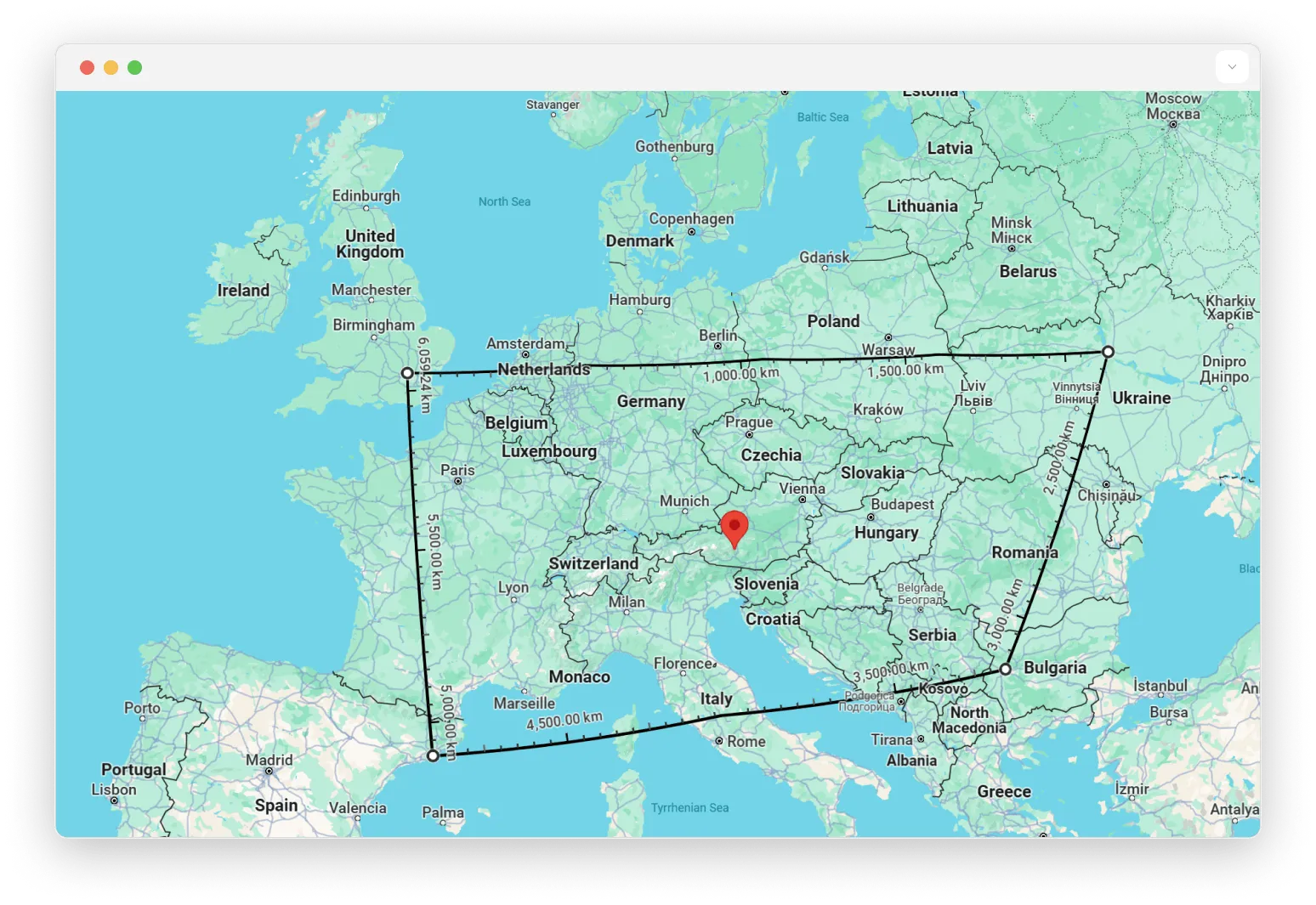 A map showing the centroid between four points in Europe: London, Kyiv, Sofia, and Barcelona. The centroid itself is located in Austria.