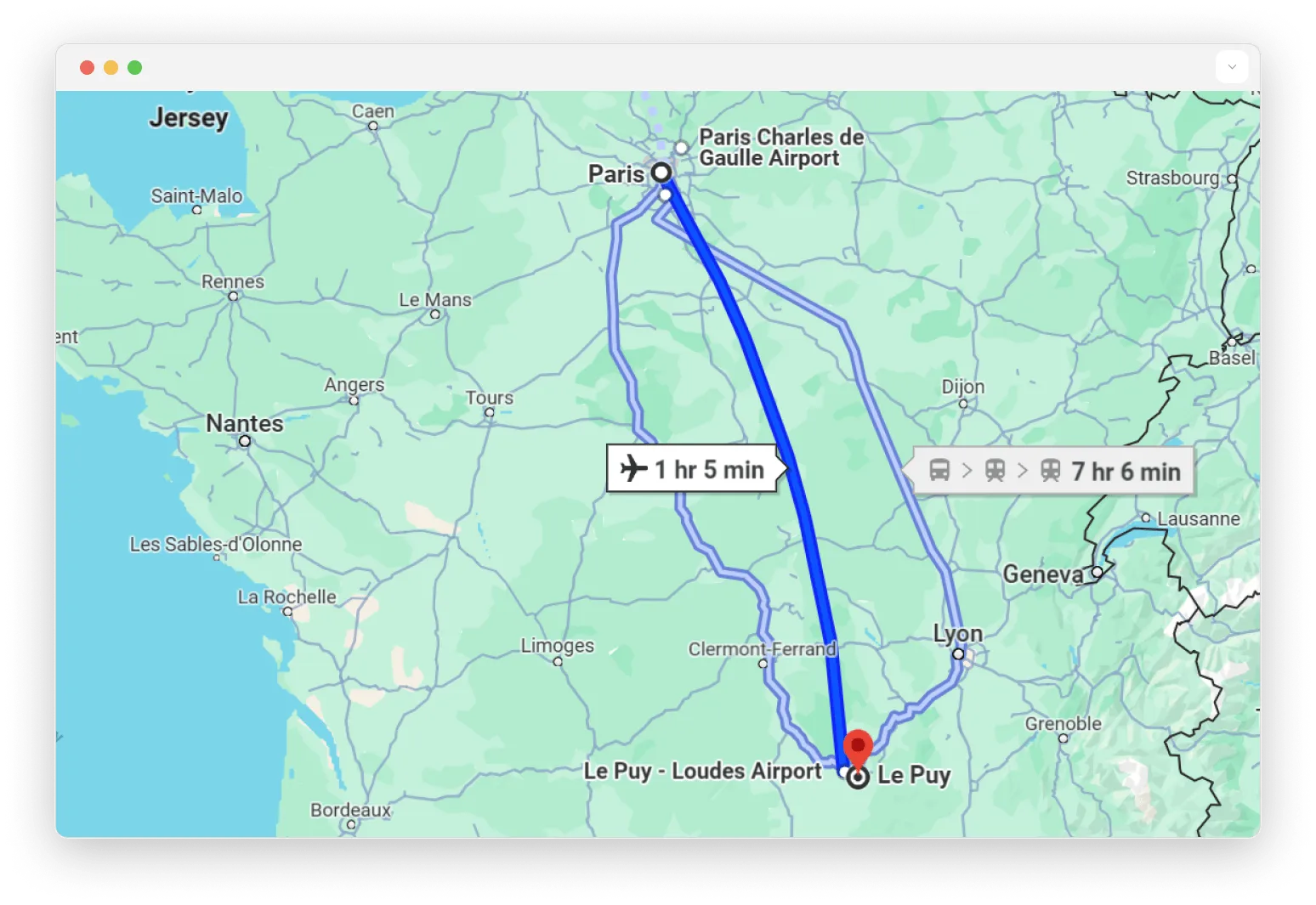 A map showing the path from Paris, the capital of France, to a French town called Le Puy En Velay. The bearing is south southeast.