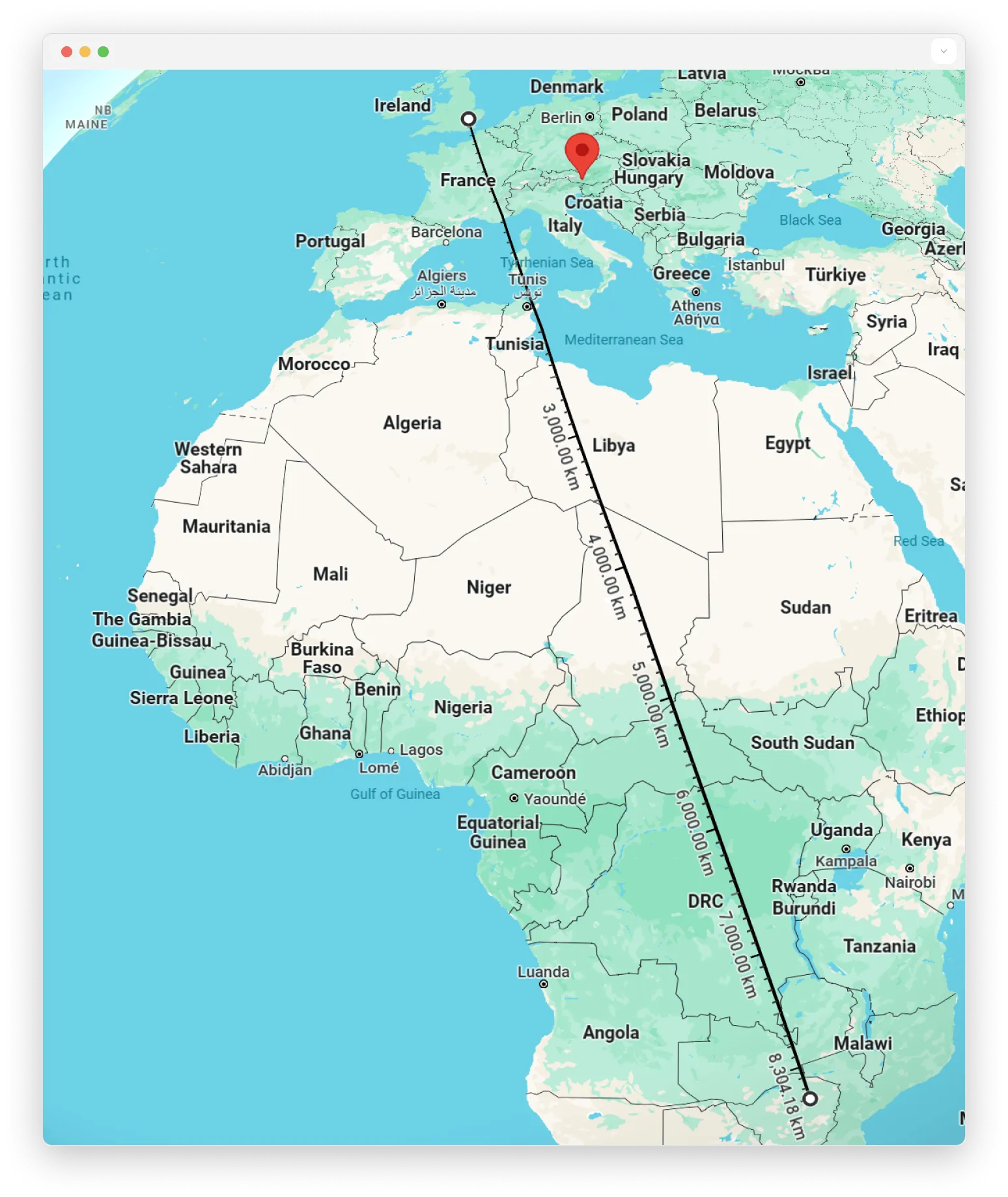 A map showing the distance in a straight line from London, the capital of the United Kingdom, to Harare, the capital of Zimbabwe