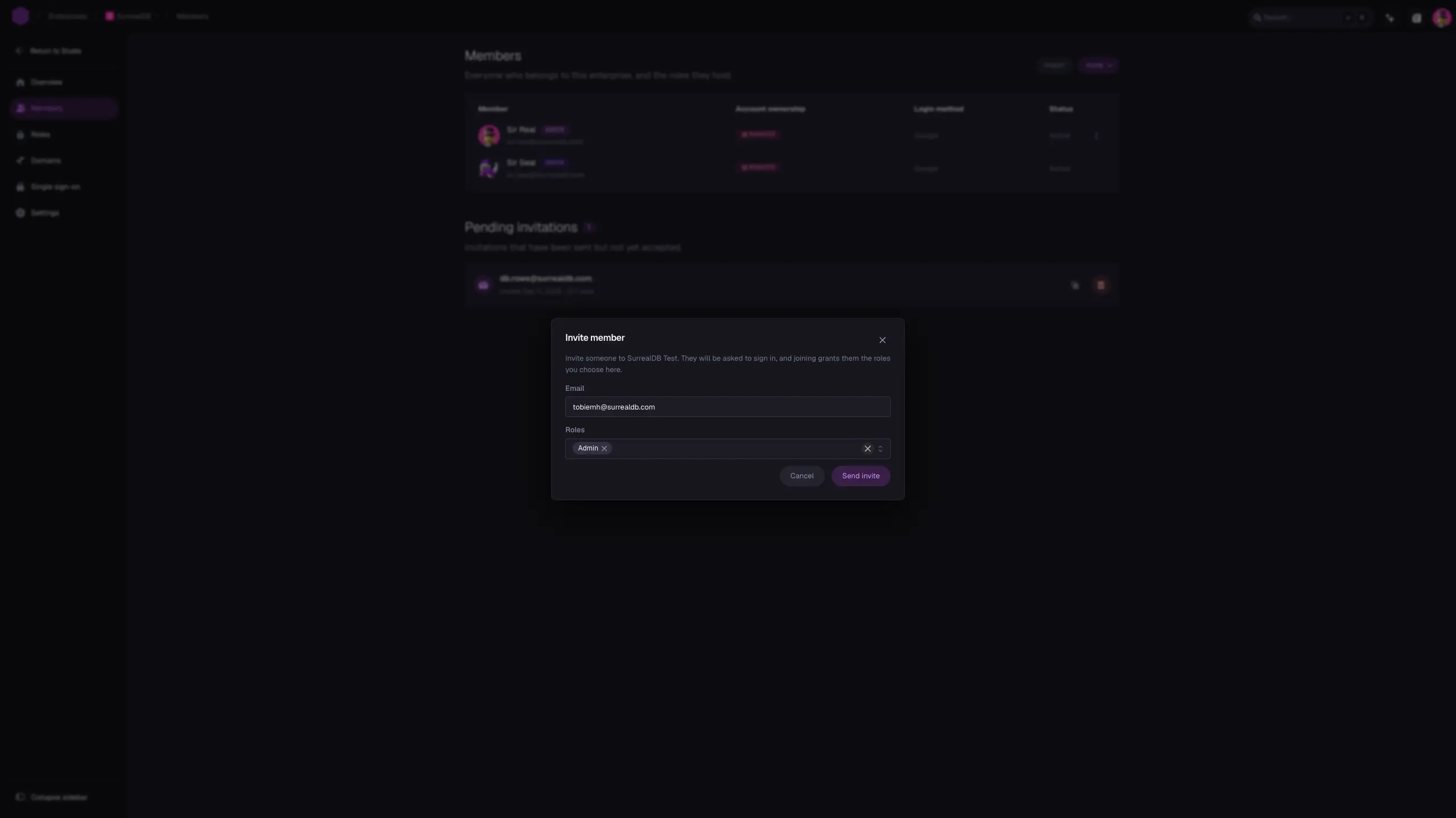 A page showing a modal with a single user invite email filled and the admin role selected.