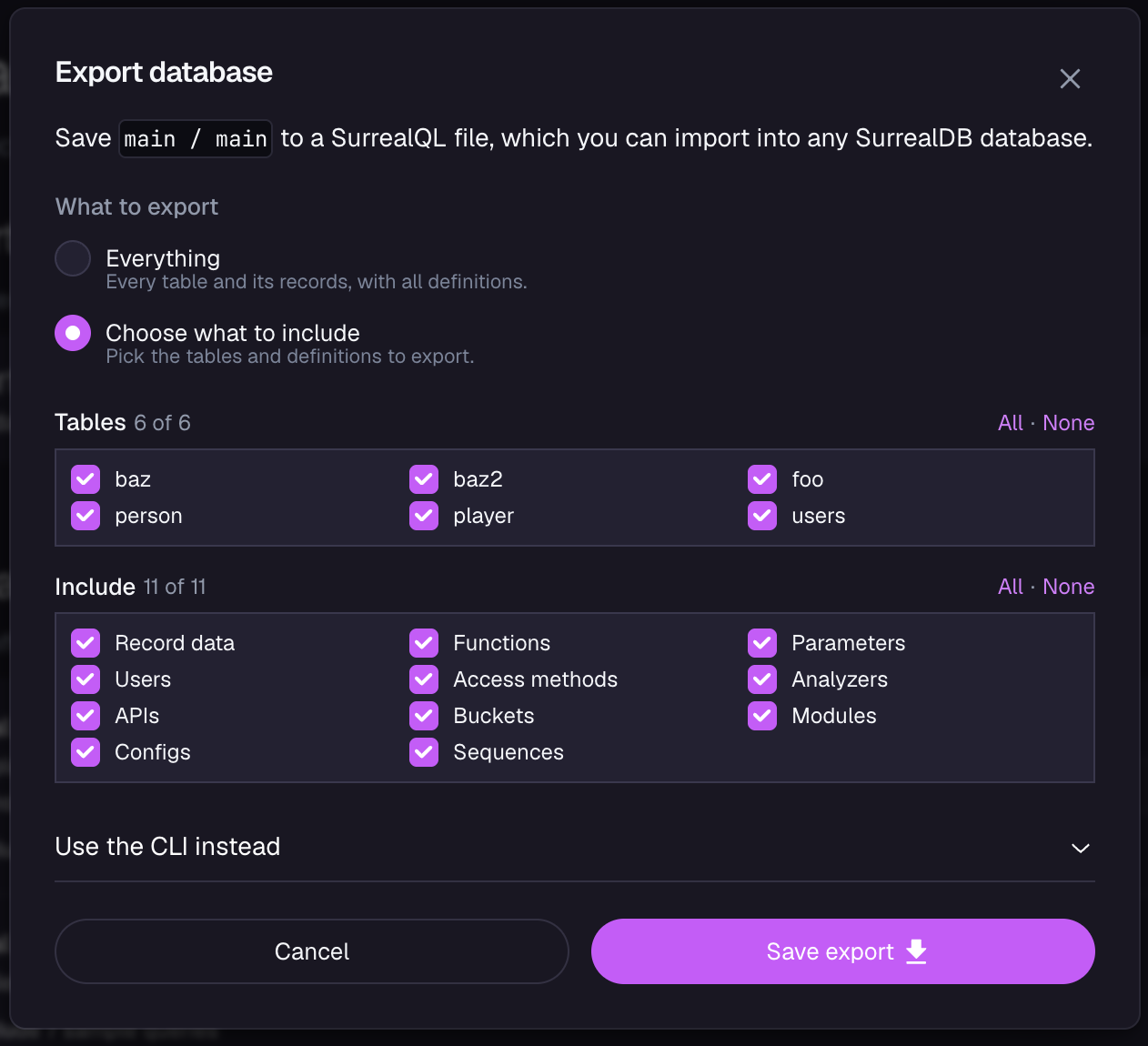 The Export database dialog in SurrealDB Studio with Choose what to include selected, showing a checkbox for each table and for each kind of definition: record data, functions, parameters, users, access methods, analyzers, APIs, buckets, modules, configs and sequences.