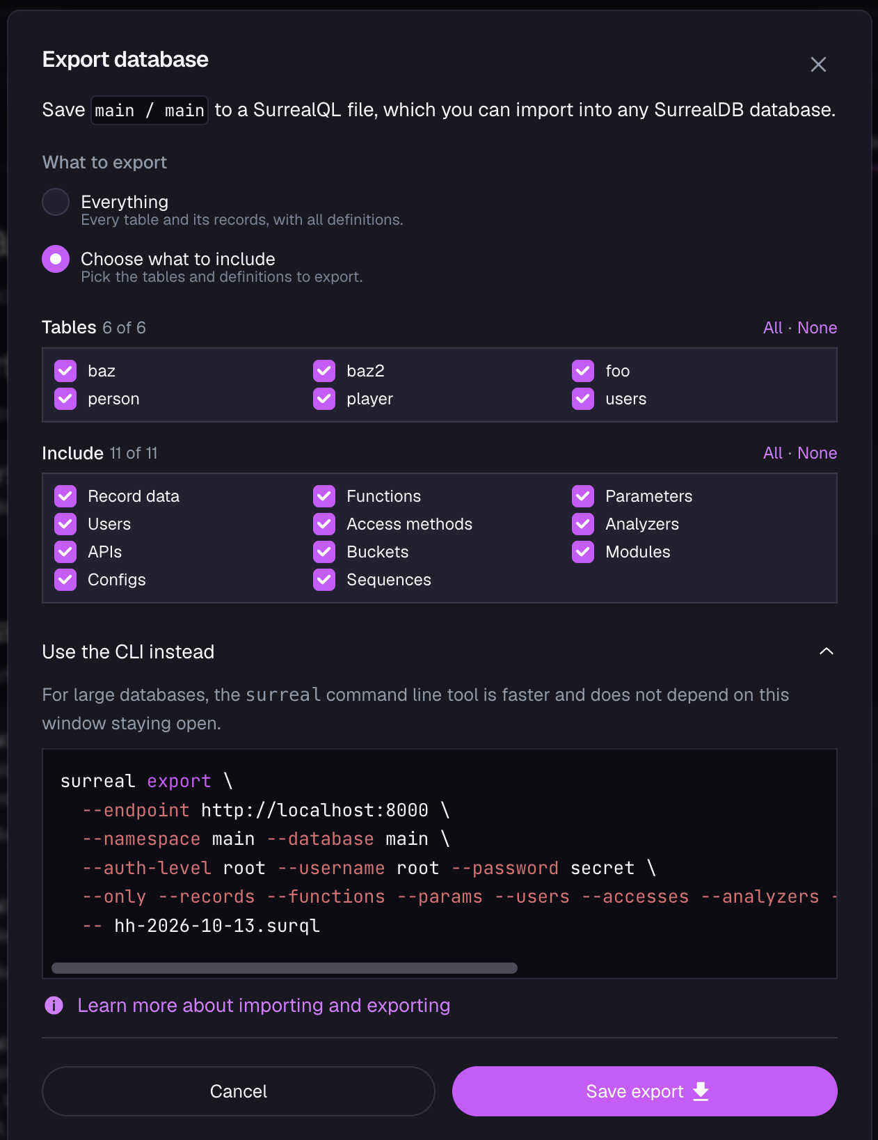 The same dialog with Use the CLI instead expanded, showing a surreal db export command with the endpoint, namespace, database and credentials, followed by --only and one flag for each selected resource, and the file name after a double hyphen.