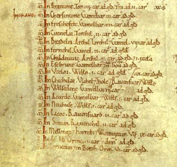 A detail of a Domesday Book folio in brown ink on parchment. Each line begins with a red stroke and In, followed by a place, its holder, and an assessment such as ii car ad gld.