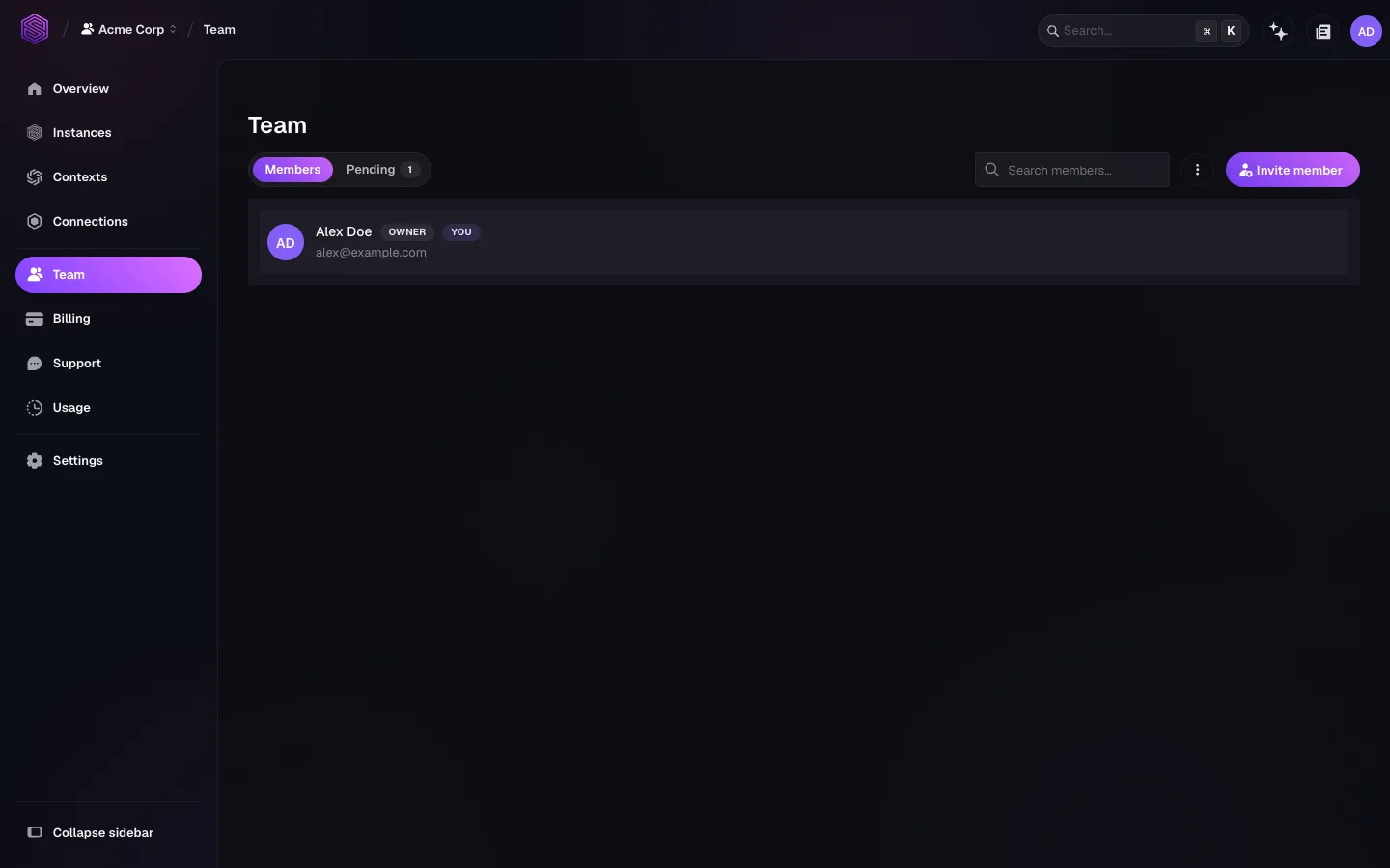 The Team page for the Acme Corp organisation in SurrealDB Studio, showing Members and Pending tabs with one pending invitation, a member search box, an Invite member button, and a single row for Alex Doe at alex@example.com labelled OWNER and YOU.