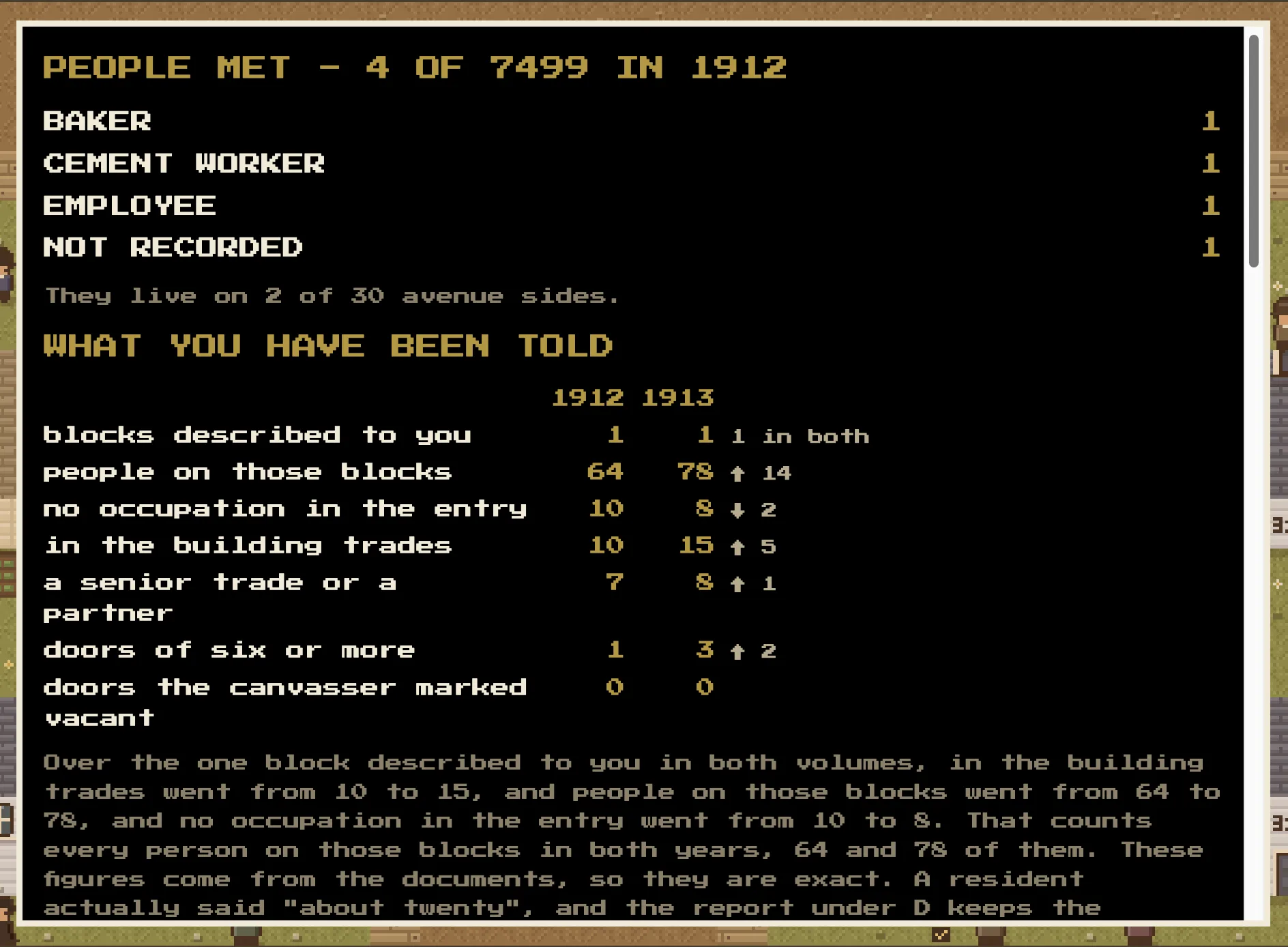 The notebook listing four of the 7,499 people in 1912 by trade, and a table of what those blocks held in 1912 and 1913.