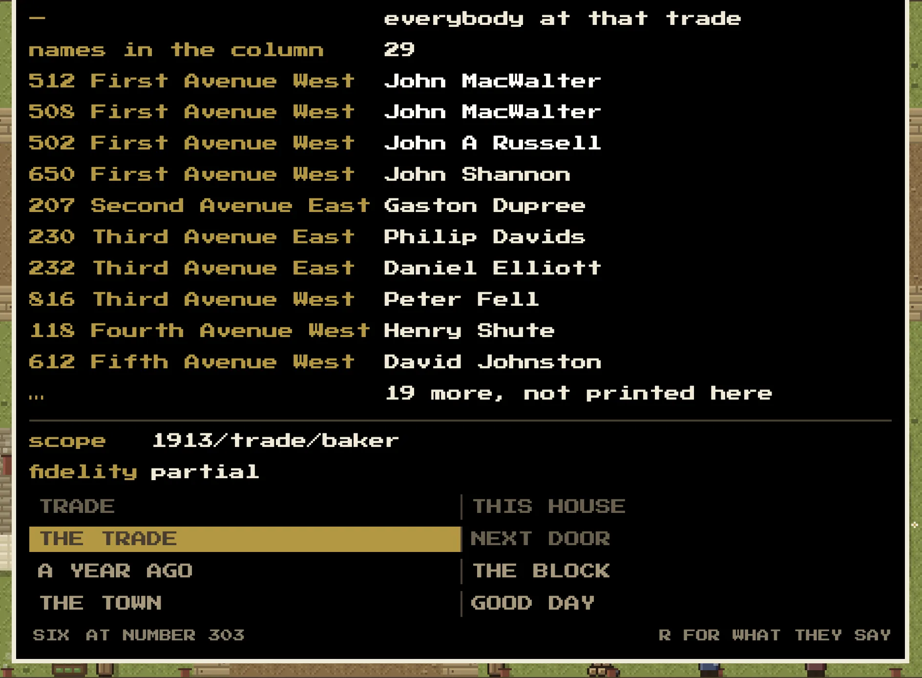 The record view for the same question, listing 29 bakers under the scope 1913/trade/baker at partial fidelity.