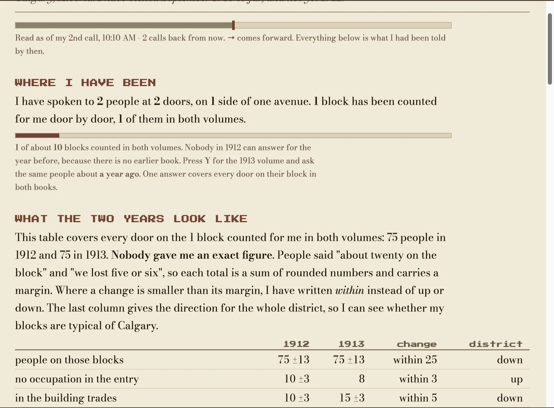The field report at an earlier point in the walk, with a slider for moving through the report's history and a table comparing the two years.
