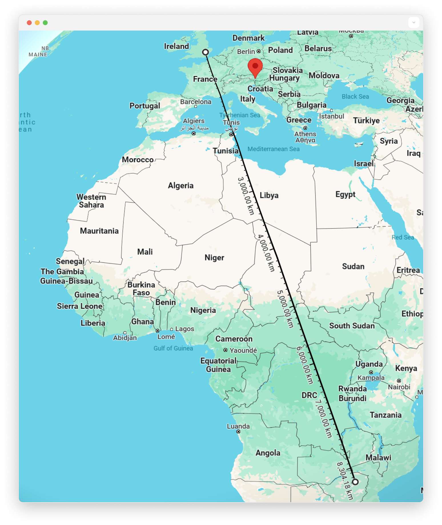 A map showing the distance in a straight line from London, the capital of the United Kingdom, to Harare, the capital of Zimbabwe