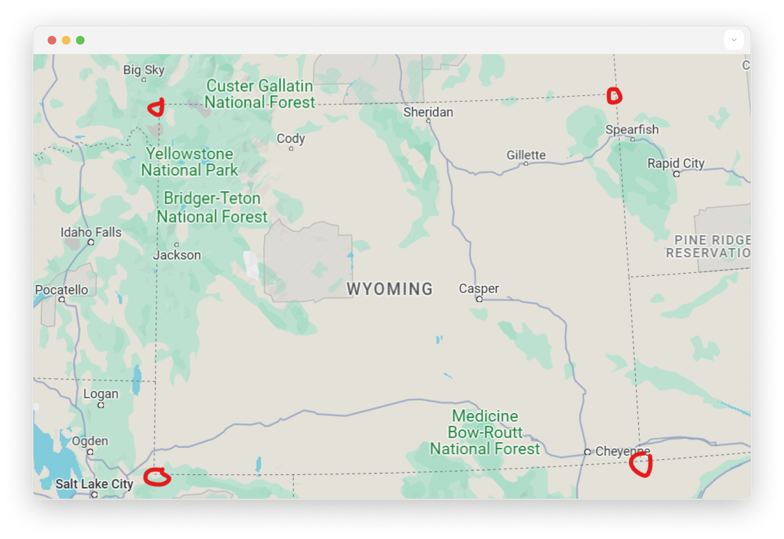 A map of Wyoming in the United States with four approximate points on each corner used to approximate its total surface area in SurrealDB's geo area function.