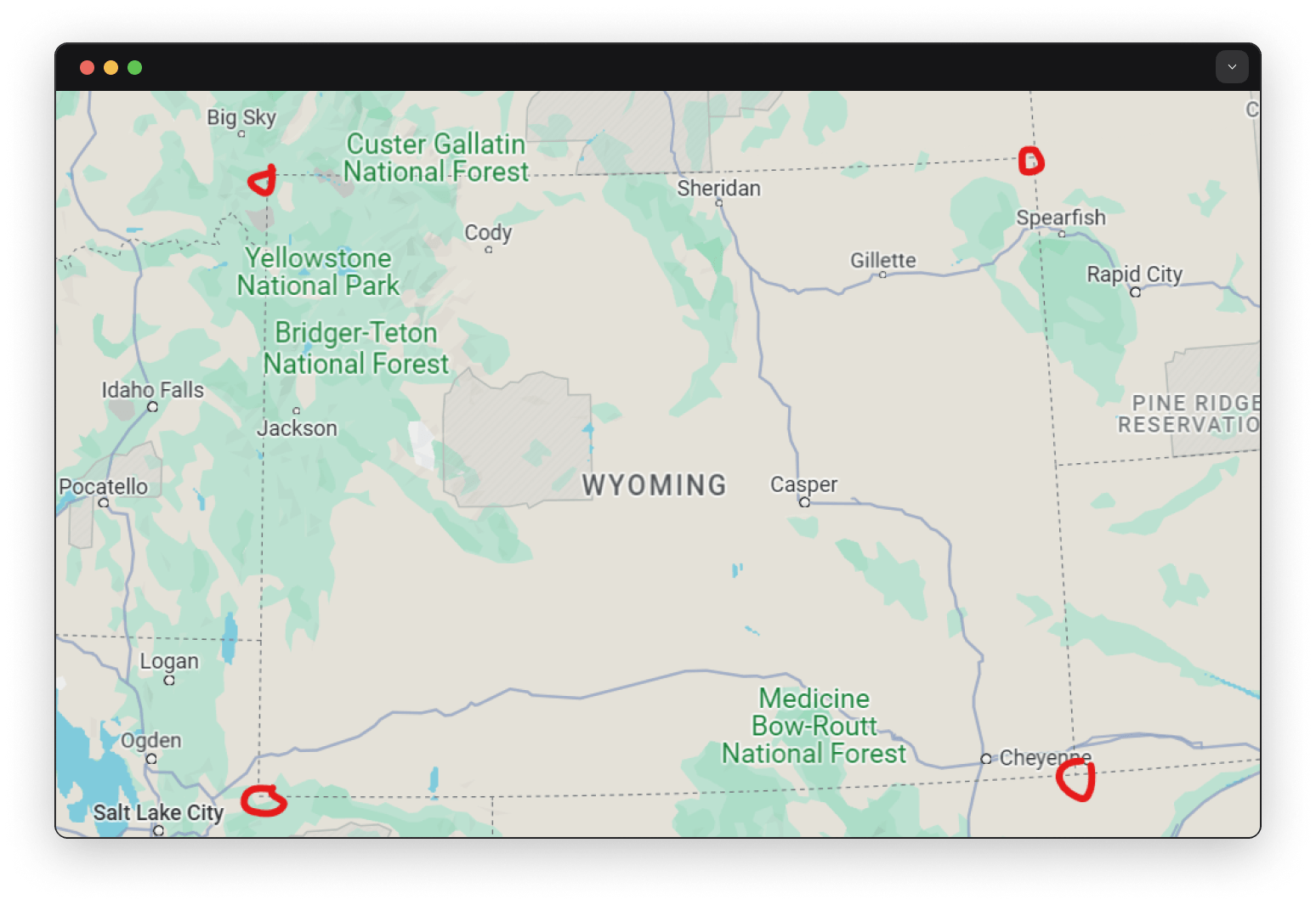 A map of Wyoming in the United States with four approximate points on each corner used to approximate its total surface area in SurrealDB's geo area function.