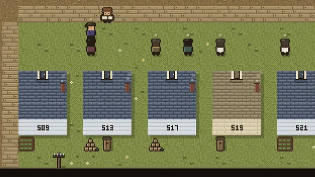 A pixel-art street in the Calgary game, with numbered houses and residents standing on the grass.