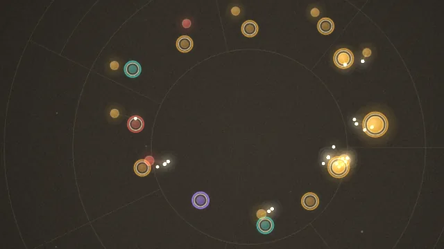 Characters from the Robin Hood graph drawn as glowing circles on a dark ground, sized by how much the memory knows about each.