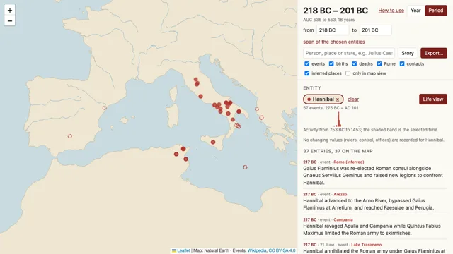 A map of the western Mediterranean with red dots for the events of the Second Punic War across Spain, Italy and North Africa, beside a list of the events.